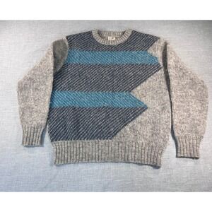 Alafoss Icewool Grey Blue Geometric Pure New Wool Sweater Made in Iceland Small